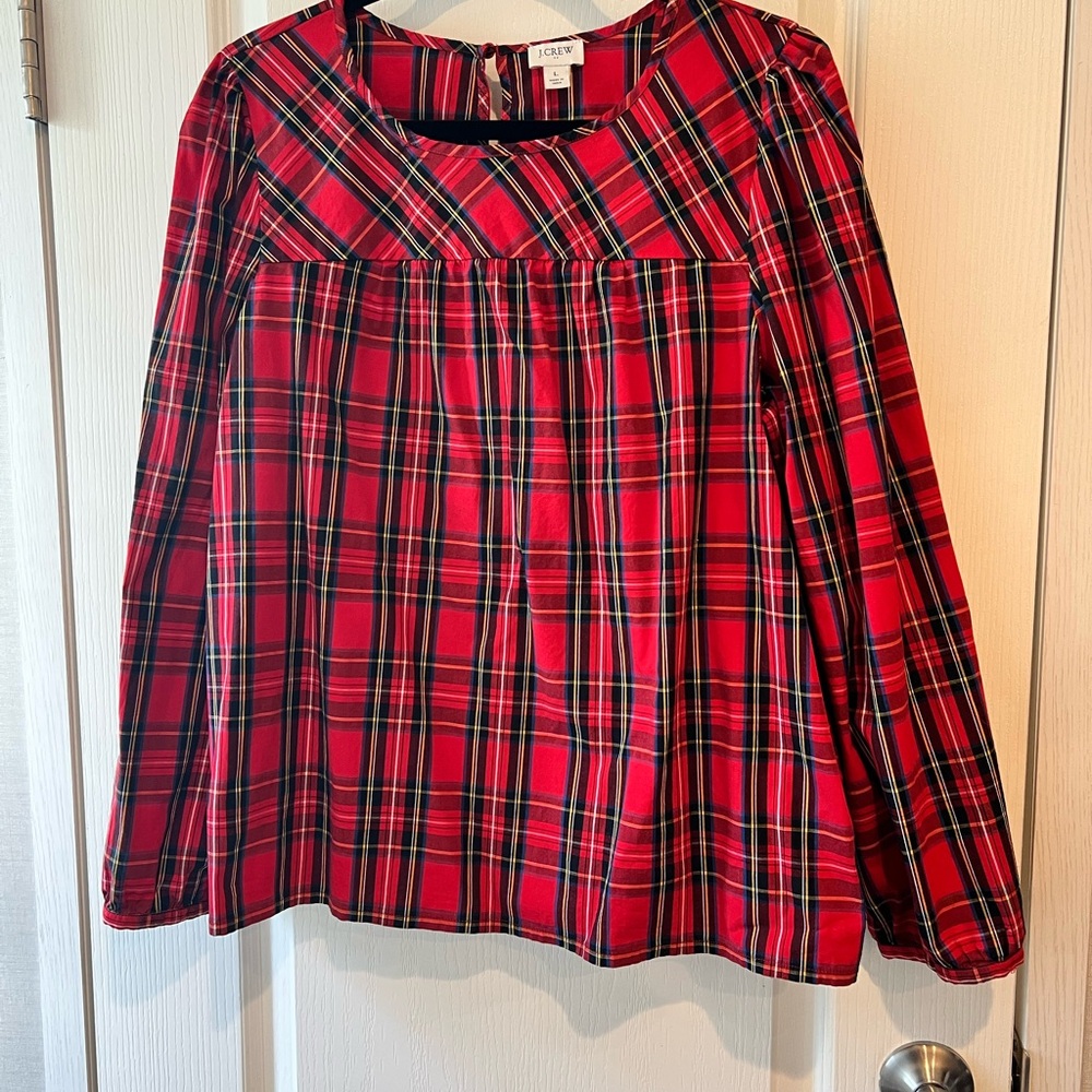J. Crew Red and Black Boxy Blouse with Bib Collar